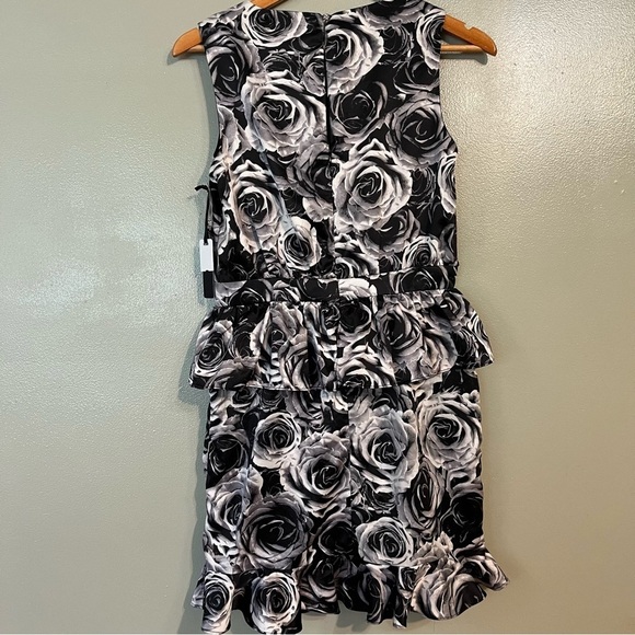 Kate Young Womens Black White Rose Print Ruffed Tiered Party Mini Dress Sz 6 NWT - Picture 2 of 14